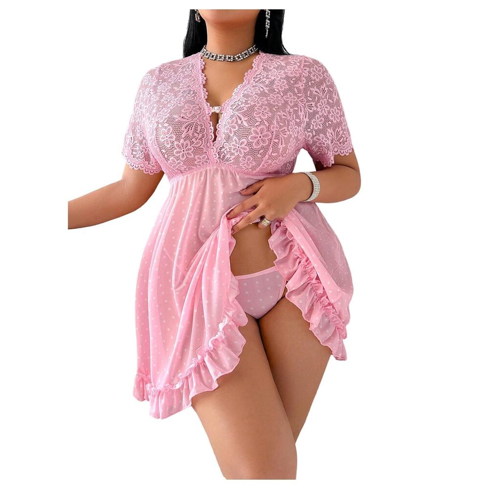 6663 Plus Size Lace Mesh Lingerie Set V Neck Short Sleeve Babydoll Dress
